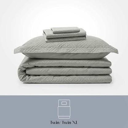 Clara Clark Quilts Twin Size - All Season Bedspread Coverlet Set, Pinsonic Weave Lightweight Bedding Set - 5 Piece Twin Quilt Set with Pillow Shams, London Fog - Twin Diamond - color: 33 – London Fog – Diamond, size: Twin