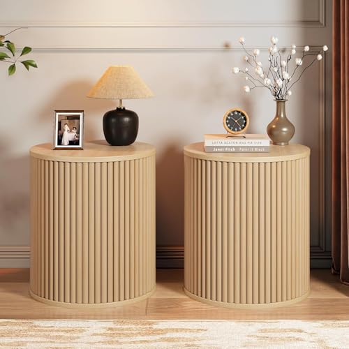Round Fluted Side Table Set of 2, 15.7" Mid-Century Modern End Table with Storage, Wooden Bedside Table Round Nightstand Small Circle Sofa Accent Table for Living Room, Bedroom (Natural) - color: Natural, size: 15.7"D x 15.7"W x 17.7"H