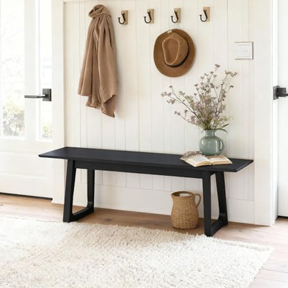 HNY Black Dining Bench, Farmhouse Solid Entryway Bench, 55 Inch Long Wooden Bench, Kitchen Dining Seat for Entryway/Dining Room/Kitchen/Living Room - color: Black Wood, size: 1 bench