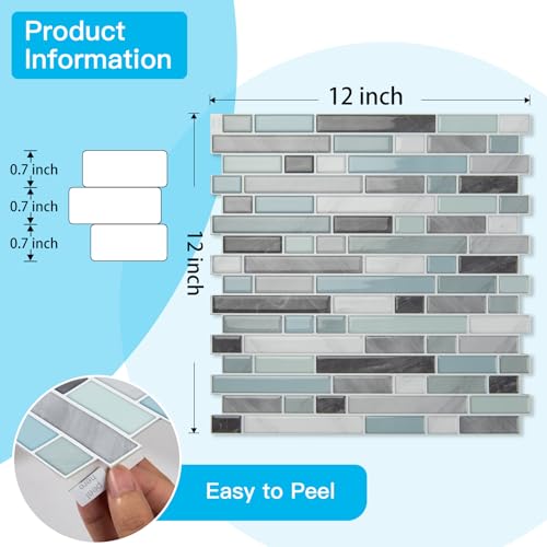 Art3d 10-Sheet Heavy-Duty Peel and Stick Backsplash, Waterproof Wall Tiles Stick on Kitchen Backsplash Living Space, Gray & Blue (Pack of 4) - color: Gray & Blue, size: 12 x 12 Inch (Pack of 4)