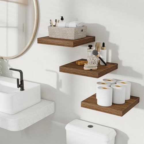 Fun Memories Floating Shelves for Wall, 12 Inch Set of 3 Rustic Wood Wall Shelves with Invisible Brackets, Heavy Duty Storage Display for Bathroom Bedroom Living Room Kitchen, Walnut - color: Walnut Brown, size: 12"W x 12"D, Set of 3