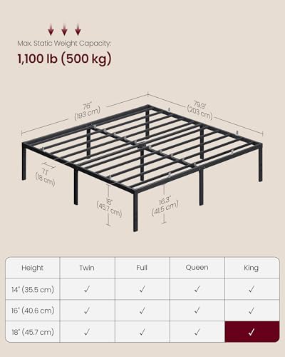 VASAGLE King Metal Bed Frame 18 Inches Tall, 1100 lb Weight Capacity, No Box Spring Needed, with Under-Bed Storage, Easy Setup, Heavy-Duty Platform Bed, Mattress Retainers, Matte Black URMB674BD02S - size: King, style: 18 Inch