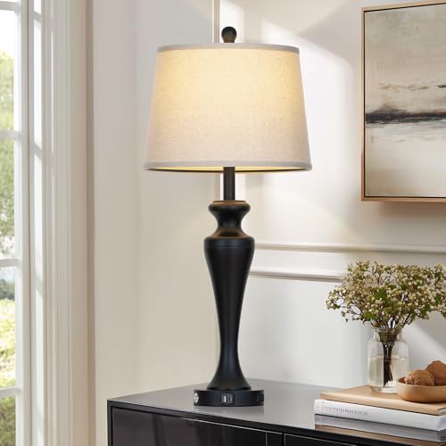 CINSARY 30 Inch Black Table Lamp for Living Room Single, 3-Way Dimmable Touch Control Lamp with USB A+C Ports and AC Outlet, Tall Bedside Lamps, Metal Bedroom Lamps for Nightstand, Bulb Included - color: Black (1 Pack)