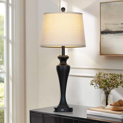 CINSARY 30 Inch Black Table Lamp for Living Room Single, 3-Way Dimmable Touch Control Lamp with USB A+C Ports and AC Outlet, Tall Bedside Lamps, Metal Bedroom Lamps for Nightstand, Bulb Included - color: Black (1 Pack)