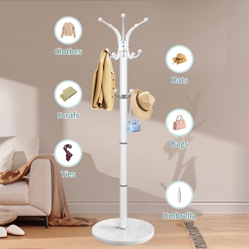OIRUMIE Coat Rack,360°Rotary Coat Rack Stand,Coat Tree Stand for Entryway | Metal Coat Rack Freestanding with Natural Marble Base & 14 Hooks,White Modern Coat Stand, Clothes Hall Tree Stand for Hallway - color: White-14 Hooks
