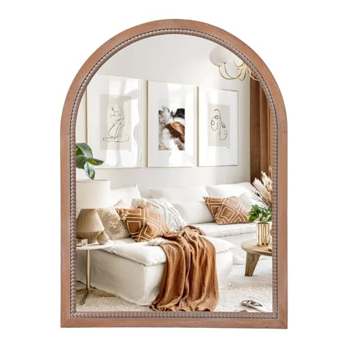 Arch Wood Mirror,22x30 inch Arched Rustic Farmhouse Natural Wooden Frame Boho Beads Wall Mirror for Bathroom,Living Room,Bedroom or Entryway - color: Nature Arch, size: 30"L x 22"W