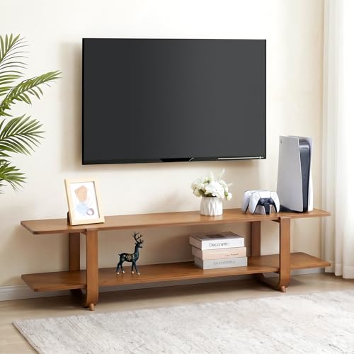 HollyHOME Bamboo TV Stand with Storage for TVs up to 65'', Modern Entertainment Center with 2 Open Shelf, Accent TV Media Console Table for Living Room, Bedroom, 55"(L), Walnut - color: Walnut