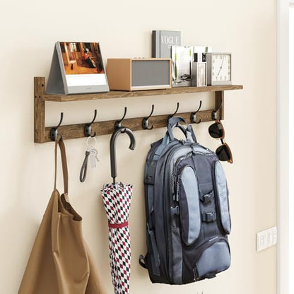 BAMEOS 35" L Wooden Coat Rack Wall Mount, Large Wall Coat Hooks with Shelf, Wall Hanging Shelf with 7 Dual Metal Hooks for Entryway, Bathroom, Kitchen, Living Room, Bedroom - style: Brown-35IN with shelf
