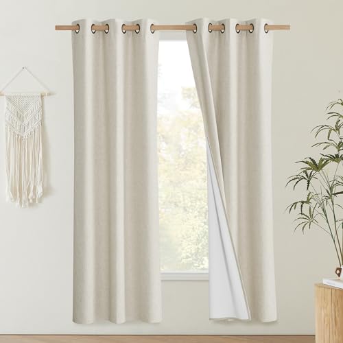 NICETOWN Natural Thick Linen Blend 100% Blackout Curtains 70" Long 2 Panels Set for Bedroom, 34" Wide, Rustic Grommet Thermal Insulated Flax Textured Full Blackout Window Draperies with White Liners - color: Natural, size: 34"W x 70"L (Pack of 2)