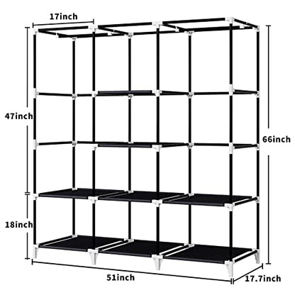 51 Inch Grey Portable Closet Bundle with 51 Inch Black Portable Wardrobe with 4 Hanging Rods, 16 Storage Organizer Shelves, Durable and Easy to Assemble