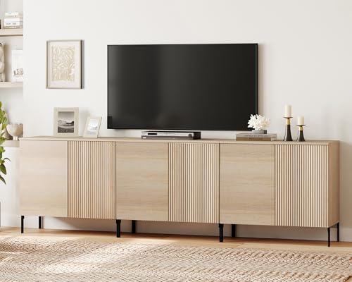 WAMPAT 3 in 1 Modern TV Stand TVs up to 100 inches,Fluted 94.5" W Entertainment Center with 6 Doors Storage and Adjustable Shelves, Wood Media TV Consoles Table with Storage for Living Room, Beige - color: Beige, size: 94.5" W
