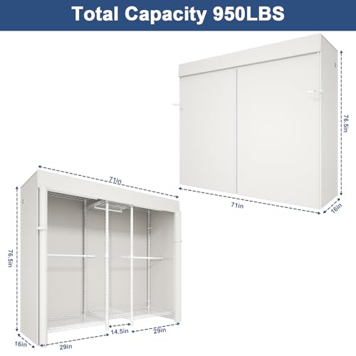 E12C Pro Heavy Duty Closet Organizer System，Freestanding Clothing Racks for Hanging Clothes，Adjustable Garment Rack 71"W x 16"D x 76.5"H Hold 960lbs，White Clothing Rack with White Dustproof Cover - color: White Rack With White Cover, size: E12C Pro