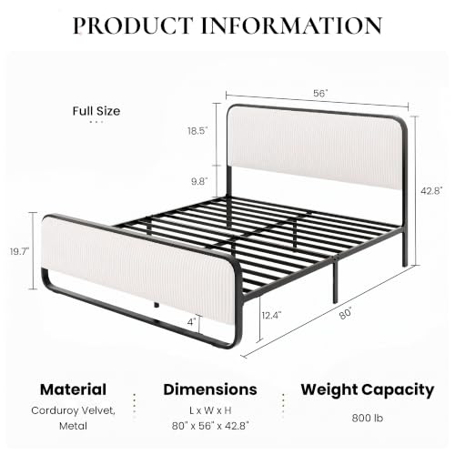 SHA CERLIN Full Size Metal Bed Frame with Upholstered Headboard, White | Curved Upholstered Headboard and Footboard, Large Under Bed Storage, No Box Spring Needed - color: White, size: Full