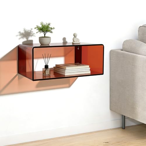 Acrylic Floating Nightstand Wall Mounted, Brown Bedside Table Modern Shelf for Bedroom Living Room Bathroom, Safe Rounded Corners