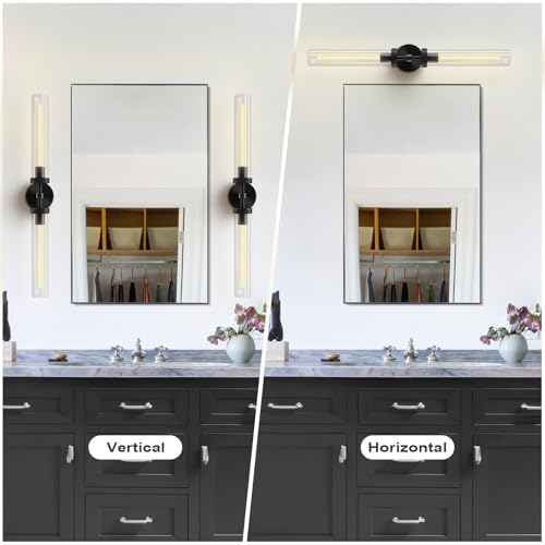 Brass Wall Sconces, 30in Black 2-Light Double Glass Sconces Wall Lighting, Bathroom Knurled Vanity Light Sconces, Wall Lights for Living Room Bedroom（Including Bulb） - color: Black- 30 inch-2 Pack, size: 2 Pack