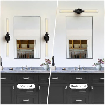 Brass Wall Sconces, 30in Black 2-Light Double Glass Sconces Wall Lighting, Bathroom Knurled Vanity Light Sconces, Wall Lights for Living Room Bedroom（Including Bulb） - color: Black- 30 inch-2 Pack, size: 2 Pack