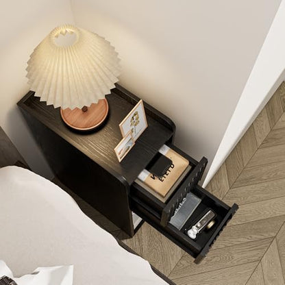 Black Night Stand Set of 2, Narrow Nightstand with Drawers, Small Bedside Table, Skinny Bed Side Table, Modern Nightstand for Bedroom, Living Room, Wood, Fluted, Black - color: Black-2 Pcs