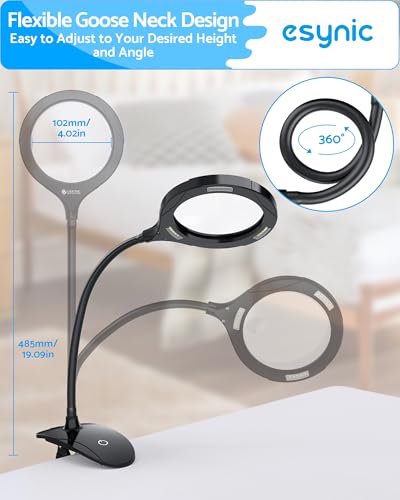 eSynic Desk Table Magnifying Glass with 15 LED Lights-800mAh Rechargeable | 5X & 10X Acrylic Lens-15 LEDs-3-Level Dimmable-Flexible Gooseneck-Clamp & Base Stand – for Reading/Soldering/Crafts/Elderly