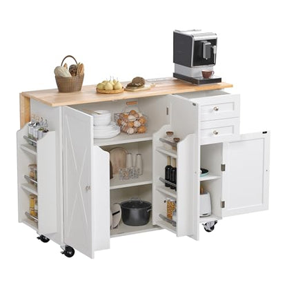 50.4" Kitchen Island with Drop Leaf & Power Outlet, Farmhouse Rolling Island Cart with 3 Spices Shelves on Wheels, Mobil Kitchen Island Table with Rubberwood Countertop Towel Rack, White - size: White