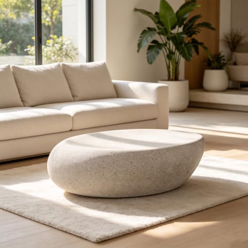 Fiberglass Coffee Table,Faux Stone Finish Indoor Outdoor Weatherproof Accent Table (43.31'') - color: 43.31'' Cream White
