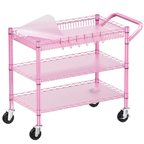 Pink Rolling Utility Cart with Wheels, 990Lbs Heavy Duty Metal Cart with Handle & Shelf Liners, NSF Certified 3-Tier Storage Trolley for Esthetician, Kitchen, Salon & Craft Room, Pink - color: Pink-3 Tier