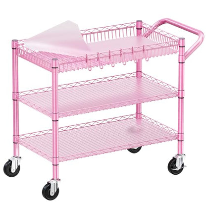 Pink Rolling Utility Cart with Wheels, 990Lbs Heavy Duty Metal Cart with Handle & Shelf Liners, NSF Certified 3-Tier Storage Trolley for Esthetician, Kitchen, Salon & Craft Room, Pink - color: Pink-3 Tier