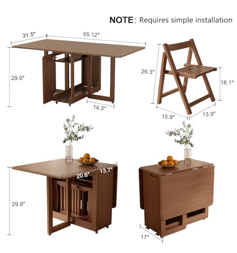 AnywaysWood Solid Wood Folding Dining Table with 2 Foldable Chairs Set, Space Saving Extendable Wooden Drop Leaf Table for Kitchen Dining Living Room Small Spaces - size: 55 Inch Wood Foldable Table with 2 Chairs