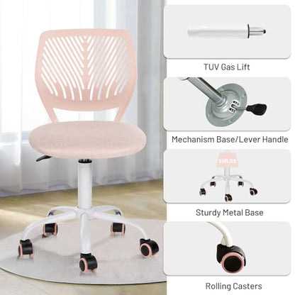 FurnitureR Pink Kids Desk Chair, Swivel Adjustable Study Chair with Fabric Cushion and Rolling Wheels, Armless Lightweight Task Chair for Cozy Study Rooms & Gifting - color: Pink