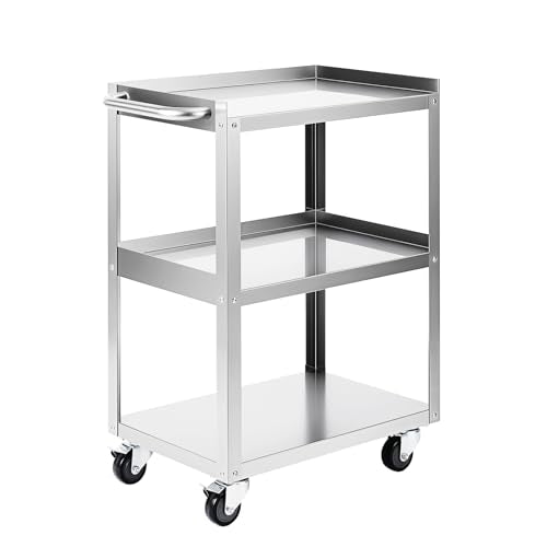 Hally Stainless Steel Utility Cart 3 Tier NSF Rolling Carts 24" Lx16 Wx34 H | Commercial Heavy Duty Metal Mobile Food Cart, with Handle and Wheels, for Kitchen, Restaurant, Hospital, Laboratory and Home - size: 16''x24''x34''