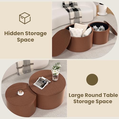 Nesting Coffee Table Set of 2, Round, Brown | Hidden Storage, Leather Wrapped, Stackable End Tables, No Assembly Required, For Small Space Living Room Apartment - color: Brown