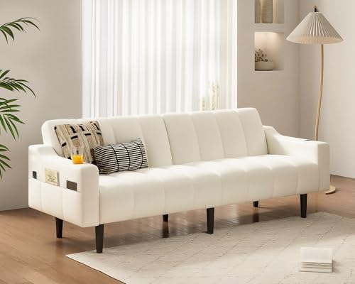 80'' Futon Sofa Bed,Faux Leather Futon Sleeper Sofa, Convertible Loveseat with Adjustable Sofa Backrest,Modern Couches for Living Room, Bedroom, Apartment, Office (Beige) - color: Faux Leather Beige
