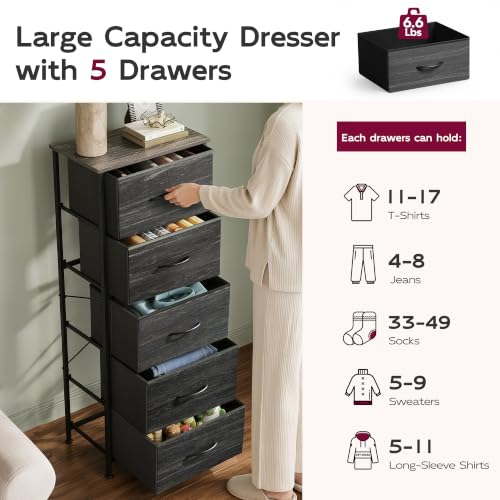 WLIVE 5 Drawer Dresser for Bedroom, Tall Chest of Drawers, Black Wood Grain | 5 vertical fabric drawers, Tall vertical design, Bedroom or closet use, Dresser for small spaces, Sturdy steel frame - color: Charcoal Black Wood Grain Print