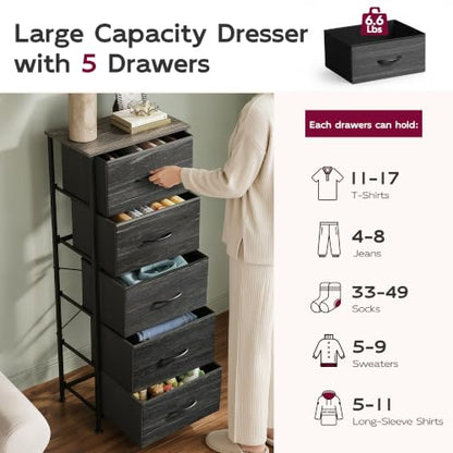 WLIVE 5 Drawer Dresser for Bedroom, Tall Chest of Drawers, Black Wood Grain | 5 vertical fabric drawers, Tall vertical design, Bedroom or closet use, Dresser for small spaces, Sturdy steel frame - color: Charcoal Black Wood Grain Print
