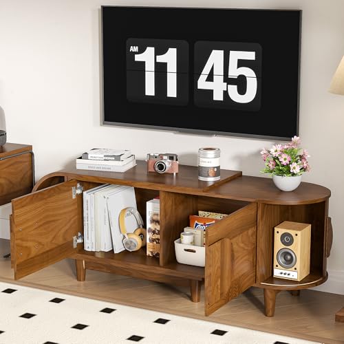 Small Extendable TV Stand for 40-75 Inches TVs, Entertainment Center | Media Console Table with Storage, 3 Cabinets, for Living Room & Bedroom, Modern, Mid Century, Walnut, 46.85" W-66.93" W