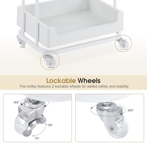 BarberPub 3-Tier Salon Trolley Cart with Drawer, Metal Frame White 2086 - color: White