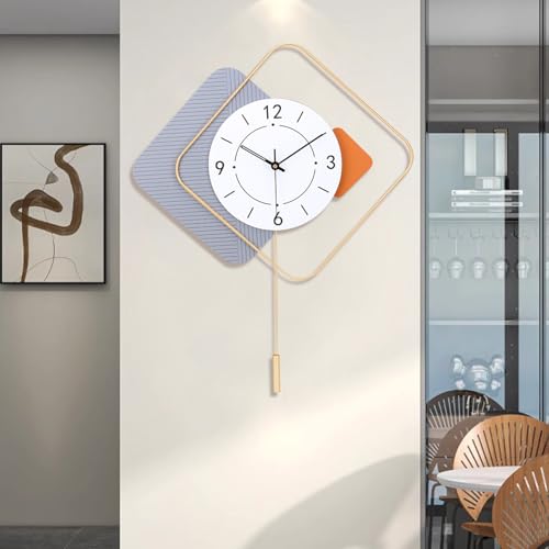 FILLOVE Large Decorative Wall Clock with Pendulum for Living Room, Diamond Design Gold Frame, Orange Accent White Dial, Silent for Living Room, Bedroom, Study, Office (Glod) - color: Orange&gray