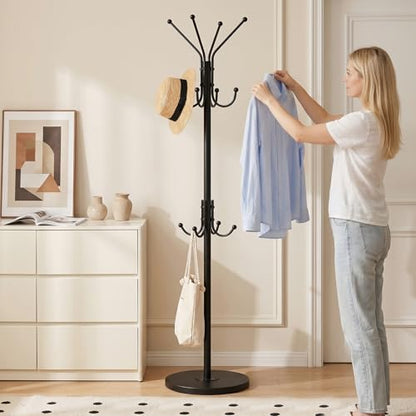Freestanding Coat Rack with 12 Hooks,Modern Coat Stand with Wood Base for Entryway, Bedroom, Office, 3 Adjustable Height Coats Hanger Stand for Coats, Hats, Handbags and Scarves, Black