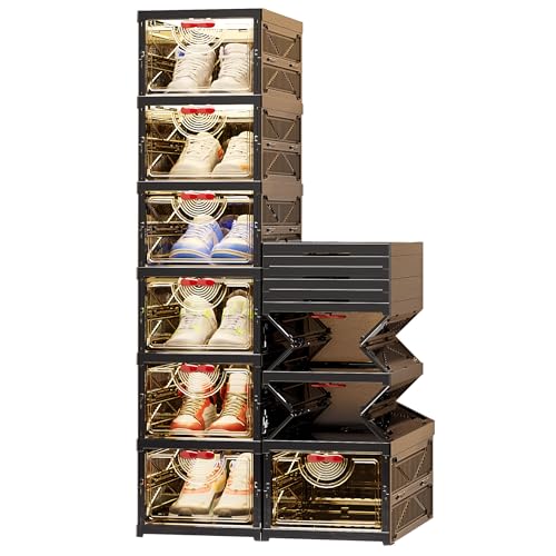 Foldable Shoe Rack Organizer Stackable Shoe Storage Box for Entryway, Closet & Bedroom Large Capacity Sneaker Containers Bins with Lids 6 Pack Black - size: 6layer