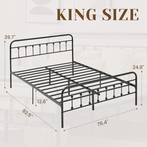 Vintage King Metal Platform Bed Frame with Headboard and Footboard | Heavy-Gauge Steel Queen Bed Frame: Underbed Storage, Easy Assembly, Ideal for Bedrooms, Apartments & Guest Rooms - size: King