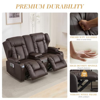 Loveseat Recliner Sofa,RV Wall Hugger Recliners with Console,Reclining Loveseat Sofa Recliner with Cup Holders/Lumbar Pillows for Small Spaces,RV Furniture (Brown,66" 2-Seater) - color: Brown, size: 66" 2-Seater