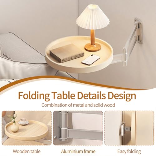 Wall Mounted Folding Round Table,11Inch Small Foldable Retractable Wooden Coffee Table Tray Fold Down Wall Desk Flip-Out Design Nightstand for Bedroom Living Room Balcony (Natural) - color: Natural