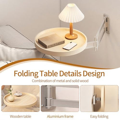 Wall Mounted Folding Round Table,11Inch Small Foldable Retractable Wooden Coffee Table Tray Fold Down Wall Desk Flip-Out Design Nightstand for Bedroom Living Room Balcony (Natural) - color: Natural