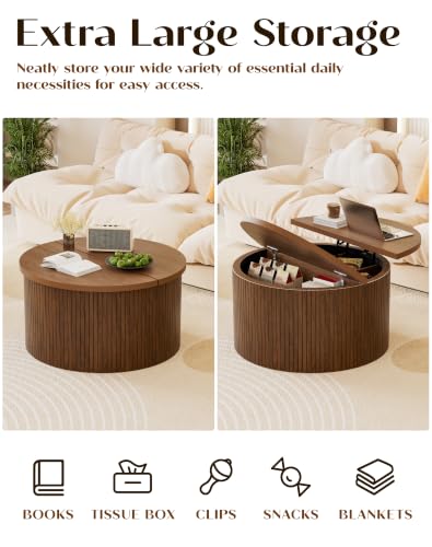 Fluted Round Lift Top Coffee Table with Storage, 31.5" Walnut Small Circle Wood Center Table for Living Room, Small Space - color: Walnut-round
