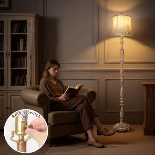 Scenekoy Vintage 66” Tall Floor Lamp for Living Room Bedroom | Resin Carved Standing Lamp with Faux Leather Shade, Adjustable Bulb, Rotary Switch Rustic Lamp for Home Decor (Light Brown) - color: Light Brown2