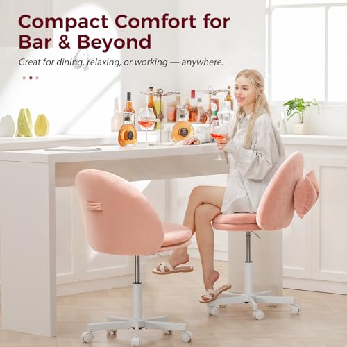 GTPLAYER Velvet Tall Office Chair with Wheels Vanity Chairs with Back, Versatile Height Use: Office to Bar Stools Small Ergonomic Comfy Armlees Computer Desk Chair with Bow Lumbar Pillow for Gift - color: Ve-pink