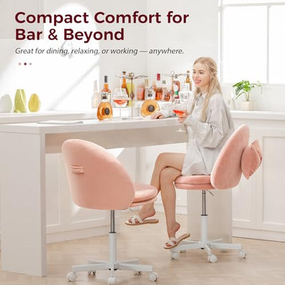 GTPLAYER Velvet Tall Office Chair with Wheels Vanity Chairs with Back, Versatile Height Use: Office to Bar Stools Small Ergonomic Comfy Armlees Computer Desk Chair with Bow Lumbar Pillow for Gift - color: Ve-pink