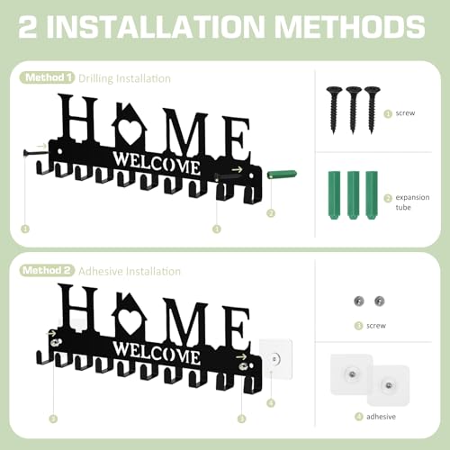 Key Holder Wall Mount, Adhesive Key Hanger with 10 Hooks, Black | Metal Material, 2 Mount Options, Compact Design, Cute Wall Decoration, Suit for Entryway, Doorway, Hallway, RV, Garage - style: 10 Hooks