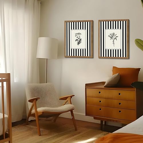 Framed Vintage Botanical Wall Art Set of 2, Black and White Striped Floral Canvas Wall Decor Paintings, Minimalist Farmhouse Wildflower Artwork Prints Pictures for Bathroom Living Room 16x24 Inch - color: Black and White Floral, size: 24"L x 16"W