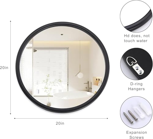 LVMU Round Walnut/Oak Frame Wall Mirror 20x20 Inch Woodgrain Framed Farmhouse Decorative Brown Circle Mirrors for Bathroom Rustic Hanging Vanity Mirror Hallway Entryway Bedroom (Black, 20" L x 20" W) - color: Black