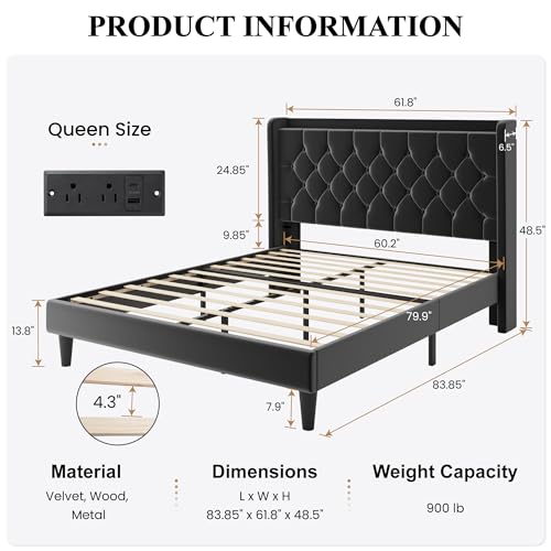 SHA CERLIN Full Size Platform Bed Frame with Charging Station, Velvet Wingback Headboard with Storage Shelf, Wooden Slats Support, Ample Under-Bed Space, No Box Spring Needed, Easy Assembly, Black - color: Black, size: Full